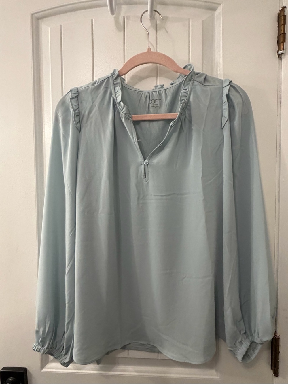LOFT Light Blue Ruffled Collar Long-Sleeve Blouse